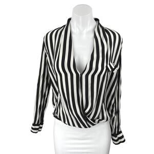 Zara Black White Striped Silk Satin Long Sleeve Faux Wrap Blouse Top Size XS